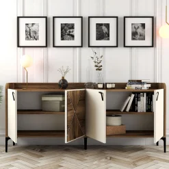 Credenza Bianco Crema Marrone Noce 2 Ripiani 4 Vani 180x35x78h cm, 4 Ante - Elini