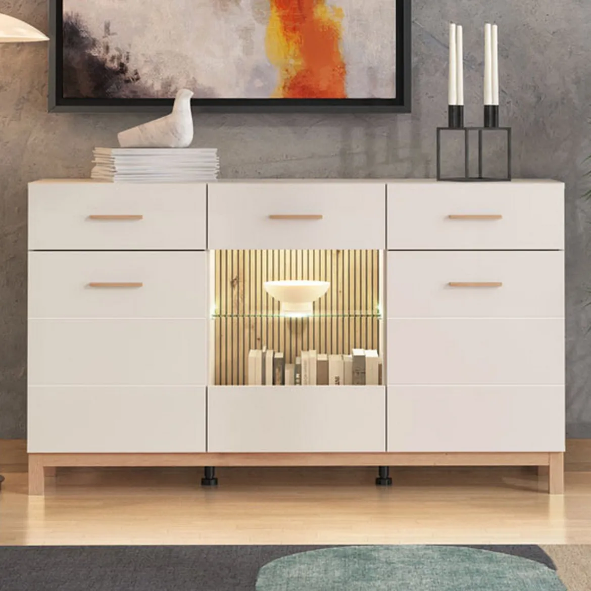 Credenza Bianco Crema Marrone Rovere 2 Ripiani 3 Cassetti 117x40x86h cm, Un'anta - Paro