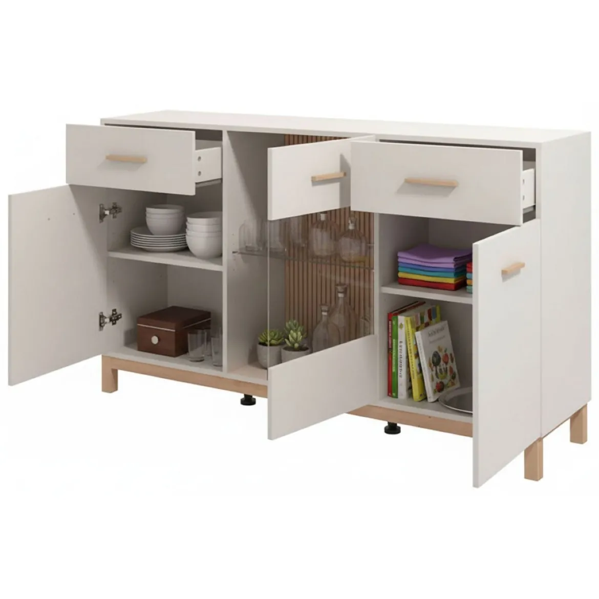 Credenza Bianco Crema Marrone Rovere 2 Ripiani 3 Cassetti 117x40x86h cm, Un'anta - Paro