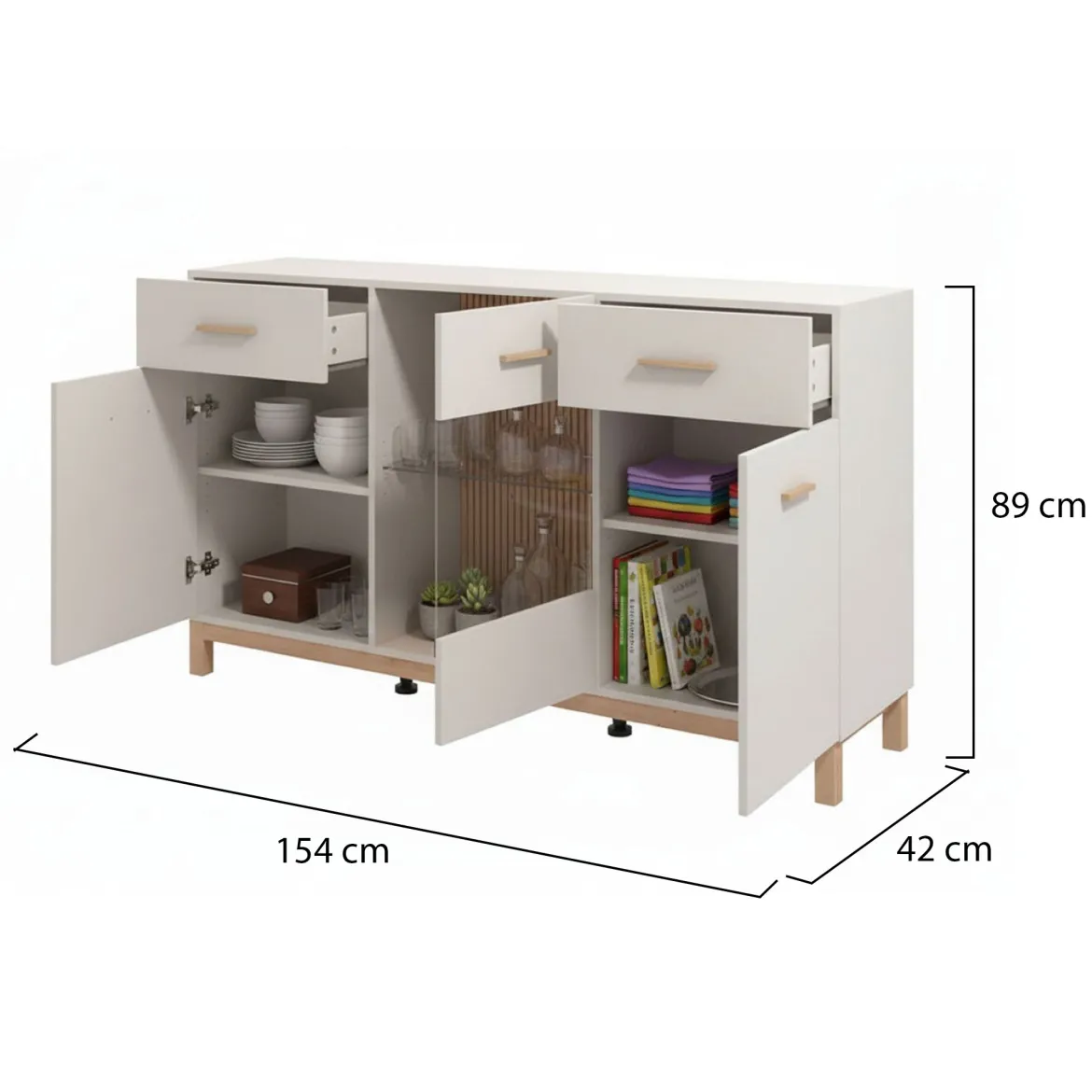 Credenza Bianco Crema Marrone Rovere 2 Ripiani 3 Cassetti 117x40x86h cm, Un'anta - Paro
