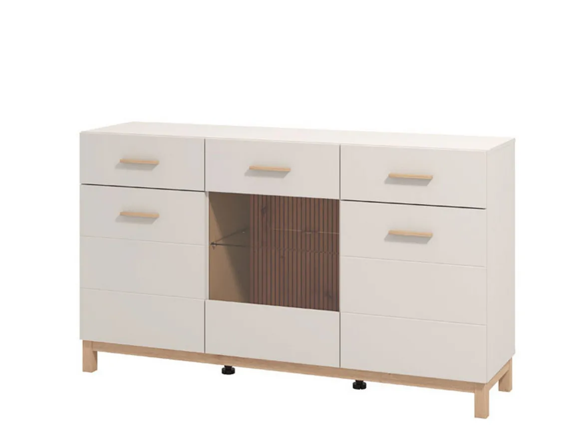 Credenza Bianco Crema Marrone Rovere 2 Ripiani 3 Cassetti 117x40x86h cm, Un'anta - Paro