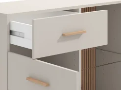 Credenza Bianco Crema Marrone Rovere 2 Ripiani 3 Cassetti 117x40x86h cm, Un'anta - Paro