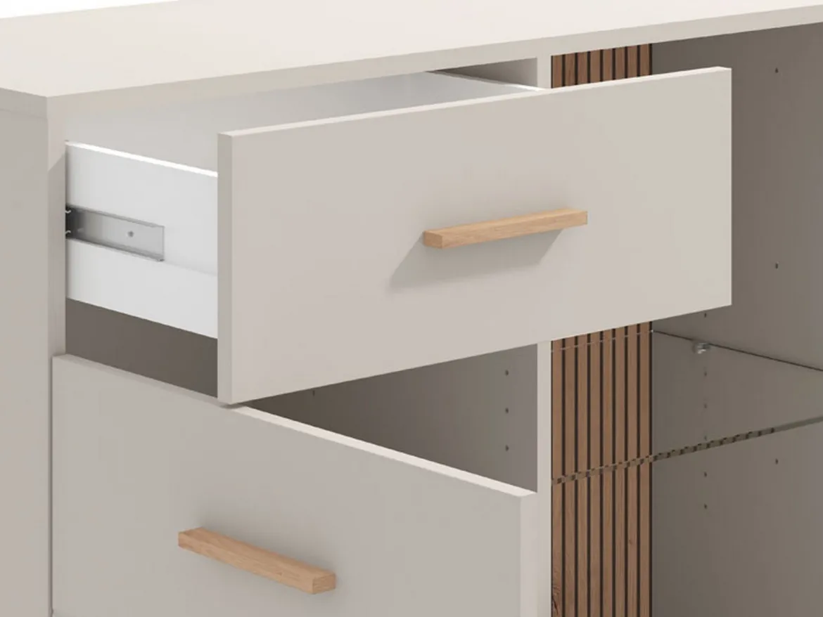 Credenza Bianco Crema Marrone Rovere 2 Ripiani 3 Cassetti 117x40x86h cm, Un'anta - Paro