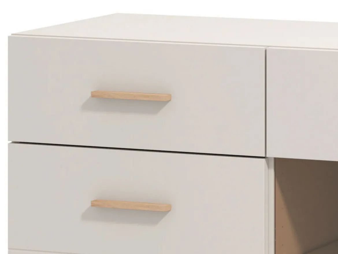 Credenza Bianco Crema Marrone Rovere 2 Ripiani 3 Cassetti 117x40x86h cm, Un'anta - Paro