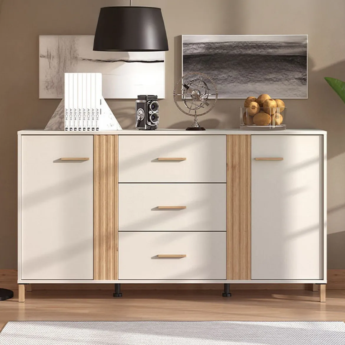Credenza Bianco Crema Marrone Rovere 3 Ripiani 2 Cassetti 156x40x86h cm, 4 Ante - Quarna