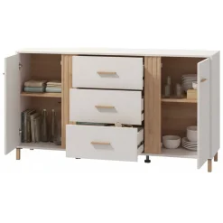 Credenza Bianco Crema Marrone Rovere 2 Ripiani 3 Cassetti 163.5x40x90h cm, 2 Ante - Frisanco