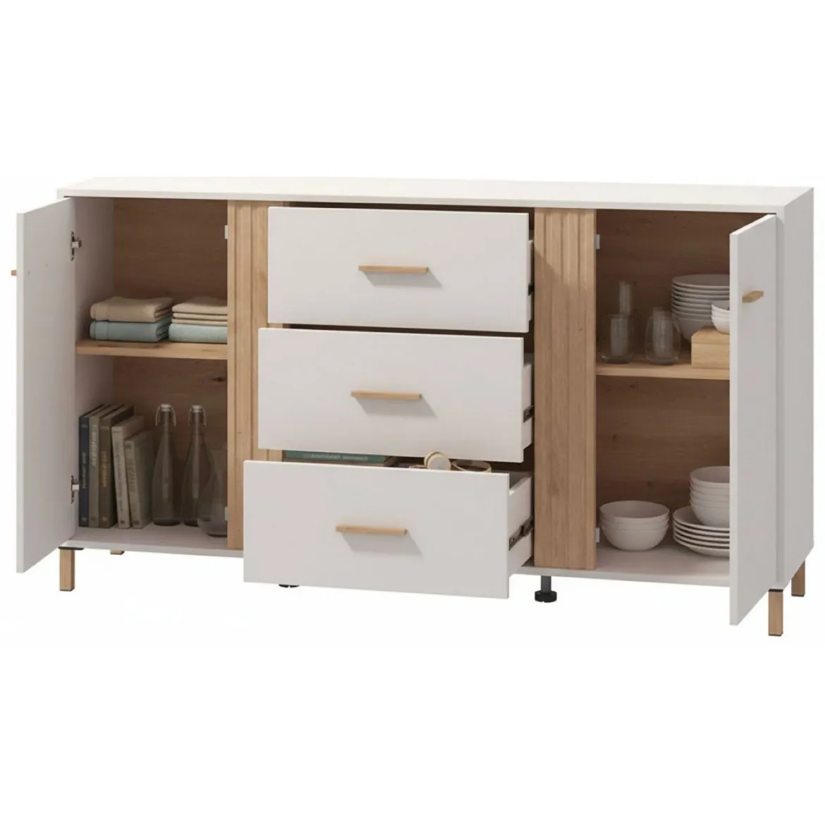 Credenza Bianco Crema Marrone Rovere 3 Ripiani 2 Cassetti 156x40x86h cm, 4 Ante - Quarna