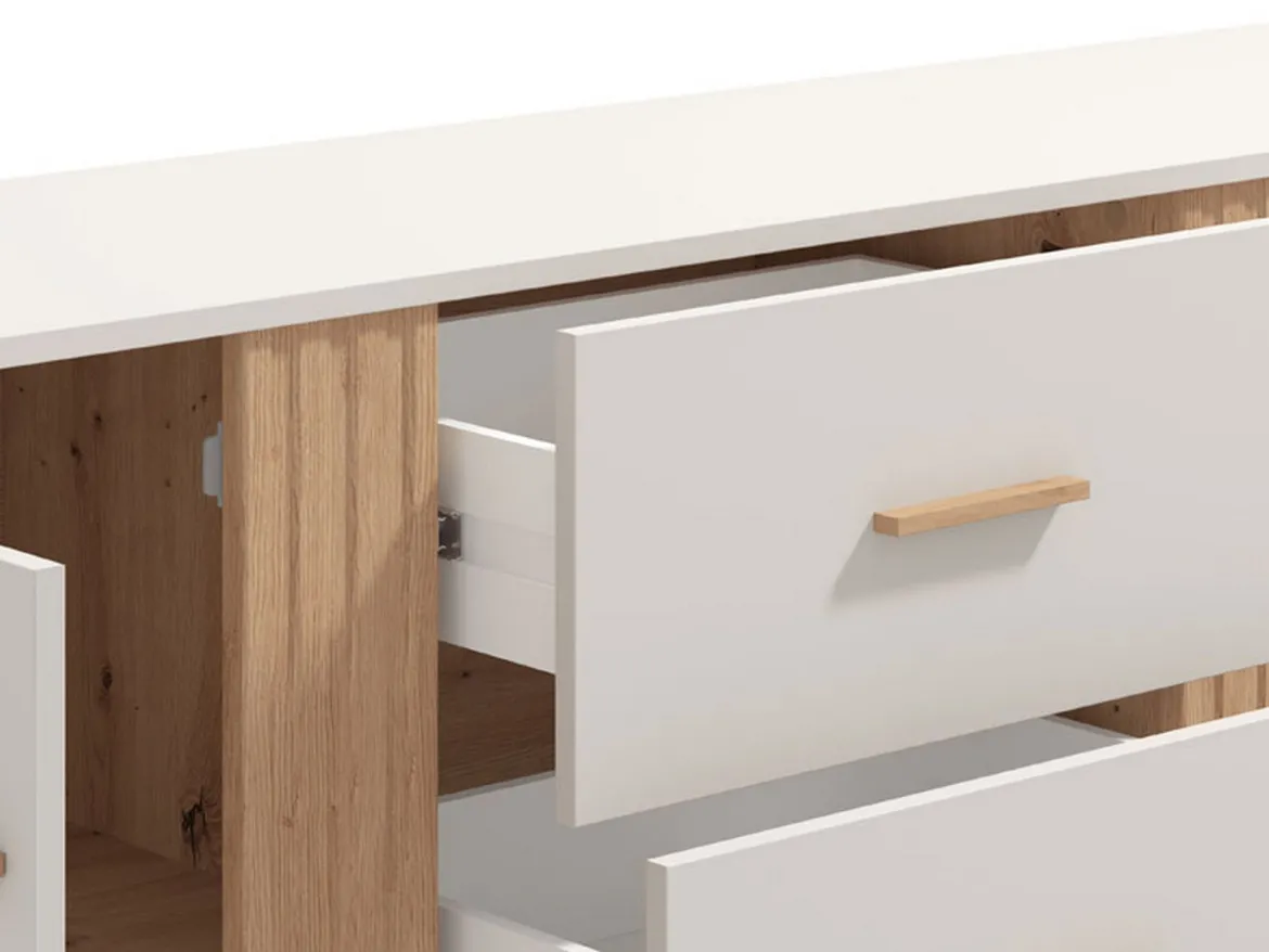 Credenza Bianco Crema Marrone Rovere 3 Ripiani 2 Cassetti 156x40x86h cm, 4 Ante - Quarna