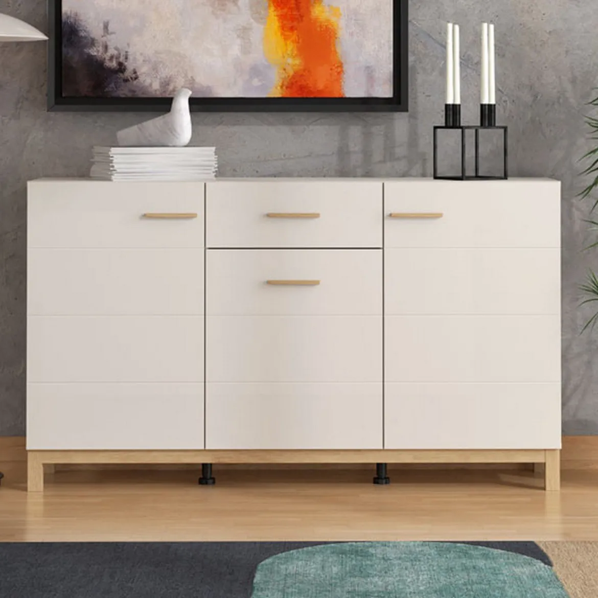 Credenza Bianco Crema Marrone Rovere 3 Ripiani un Cassetto 154x41.5x89h cm, 3 Ante - Pianico