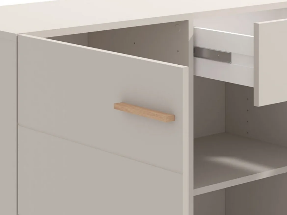 Credenza Bianco Crema Marrone Rovere 3 Ripiani un Cassetto 154x41.5x89h cm, 3 Ante - Pianico