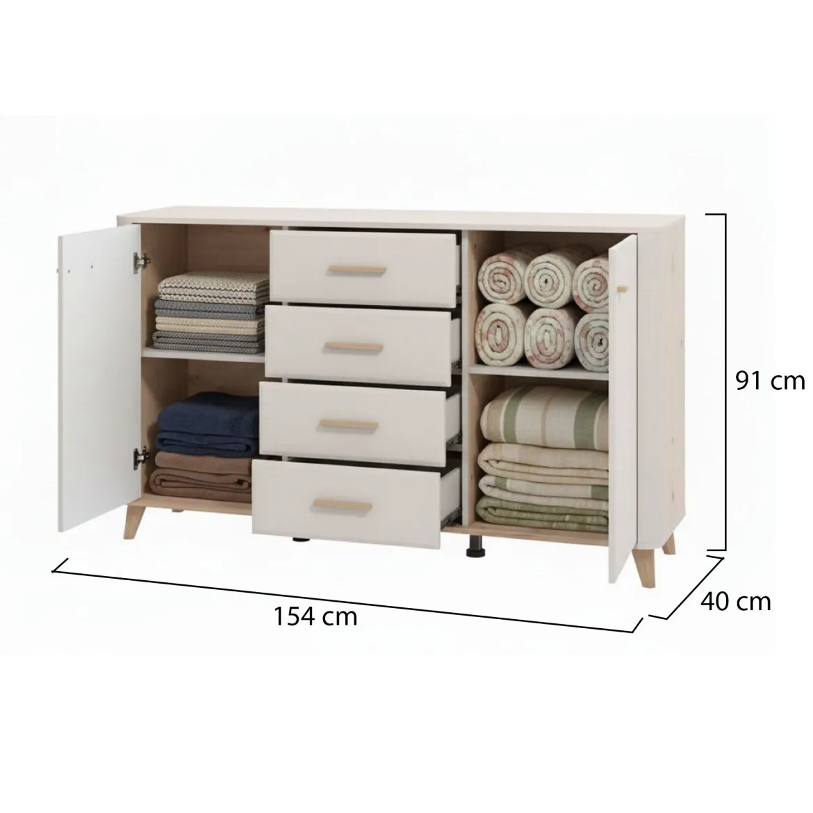 Credenza Bianco Crema Marrone Rovere Nodi 2 Ripiani 4 Cassetti 154x40x90.5h cm, 2 Ante - Illorai