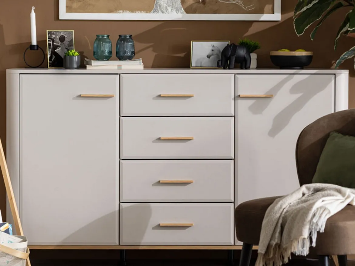 Credenza Bianco Crema Marrone Rovere Nodi 2 Ripiani 4 Cassetti 154x40x90.5h cm, 2 Ante - Illorai