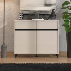 Credenza Bianco Crema Nero 2 Cassetti 2 Ripiani 106x40x90h cm, Apertura Battente, Scorrevole - Giarree