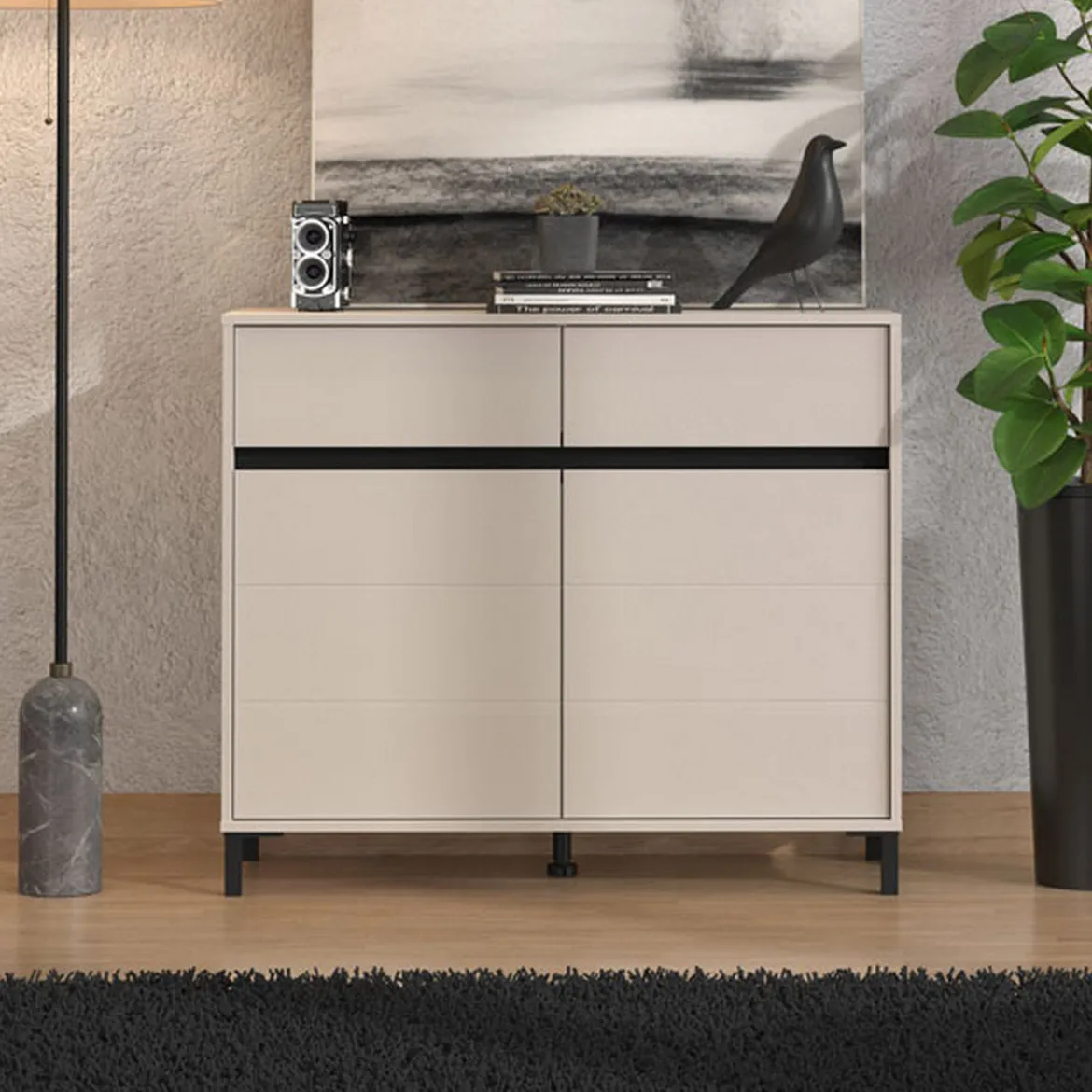 Credenza Bianco Crema Nero 2 Cassetti 2 Ripiani 106x40x90h cm, Apertura Battente, Scorrevole - Giarree