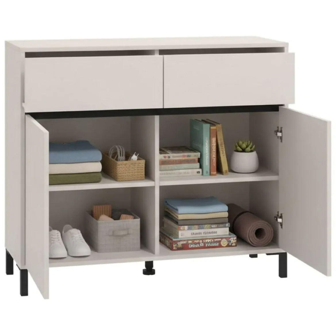 Credenza Bianco Crema Nero 2 Cassetti 2 Ripiani 106x40x90h cm, Apertura Battente, Scorrevole - Giarree
