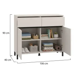 Credenza Bianco Crema Nero 2 Cassetti 2 Ripiani 106x40x90h cm, Apertura Battente, Scorrevole - Giarree