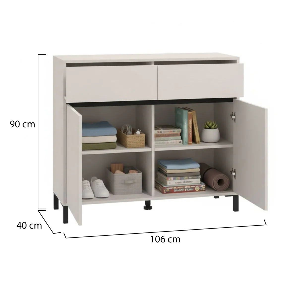 Credenza Bianco Crema Nero 2 Cassetti 2 Ripiani 106x40x90h cm, Apertura Battente, Scorrevole - Giarree
