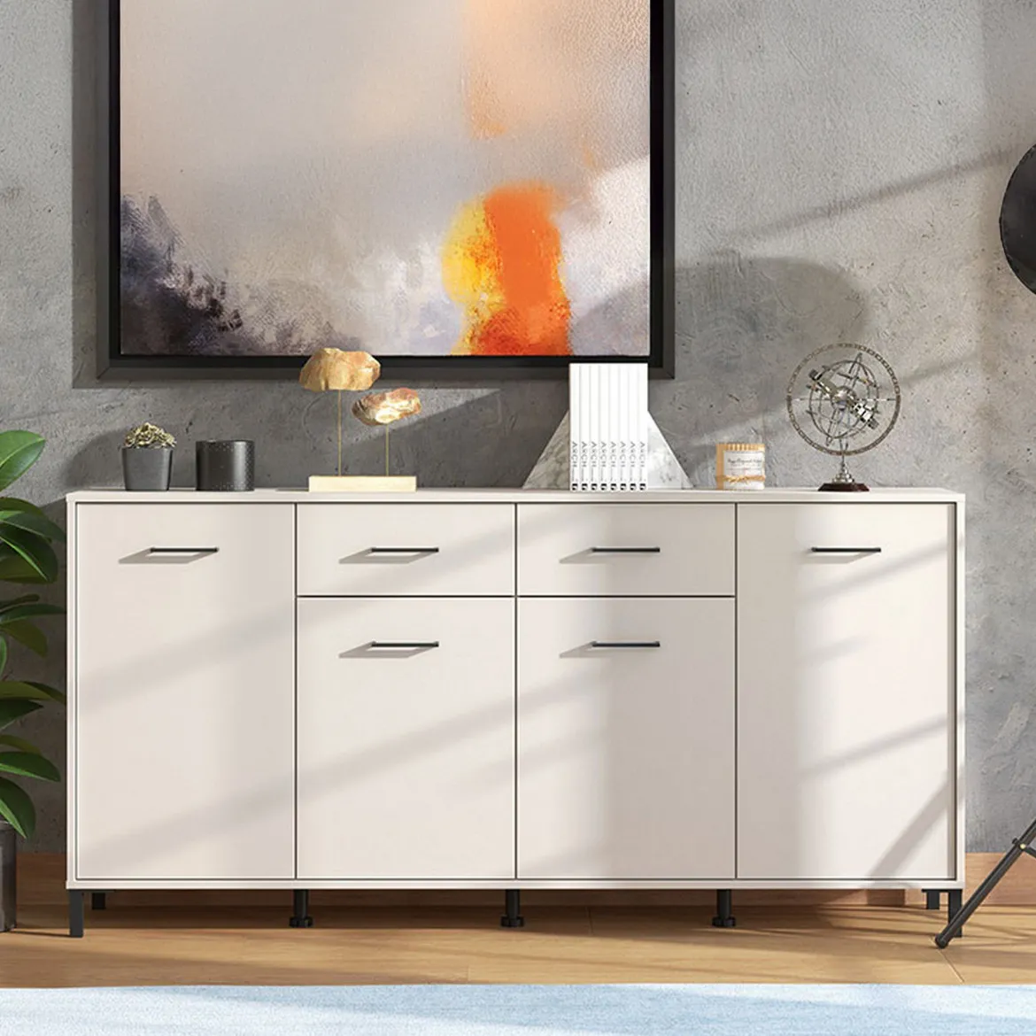 Credenza Bianco Crema Nero 2 Cassetti 4 Ripiani 183x40x90h cm, Apertura Battente, Scorrevole - Grondona