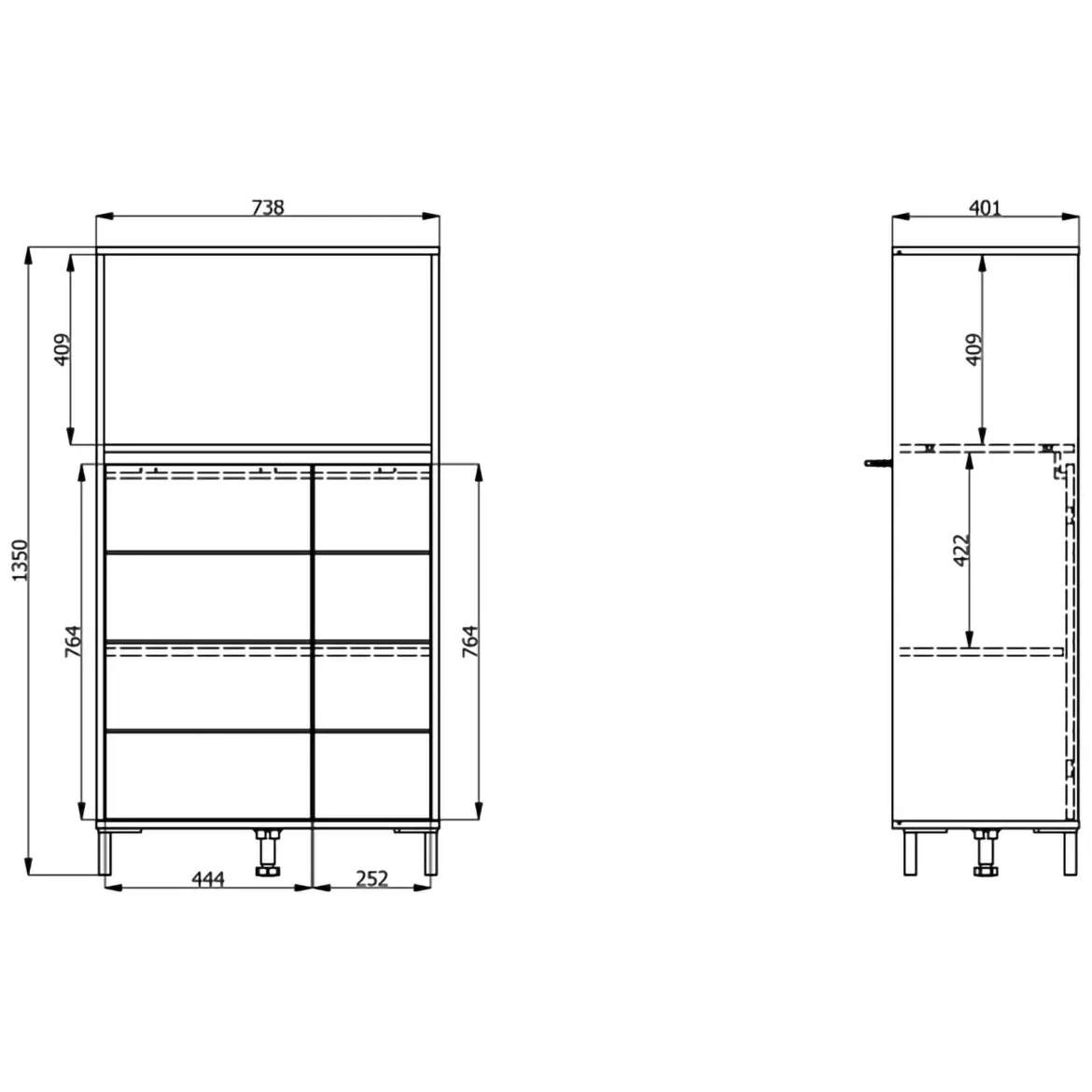 Credenza Bianco Crema Nero 2 Ripiani 3 Vani 74x40x135h cm, 2 Ante - Cosoleto