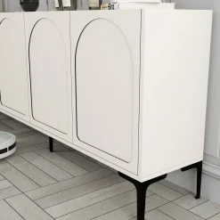 Credenza Bianco Crema Nero 2 Ripiani 4 Vani 180x35x79h cm, 4 Ante - Torno