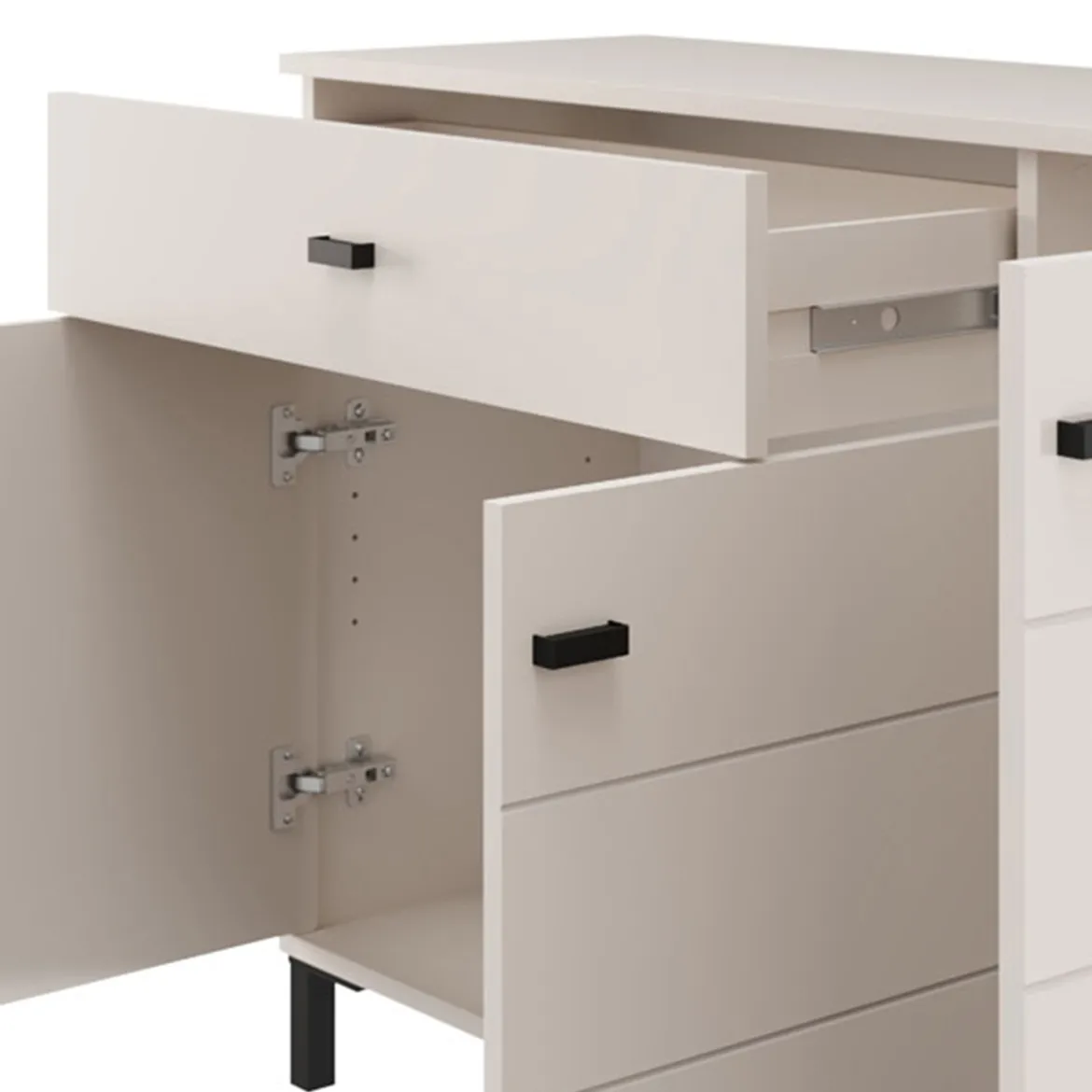 Credenza Bianco Crema Nero un Cassetto 2 Ripiani 93x40x90h cm, Apertura Battente, Scorrevole - Laerruu