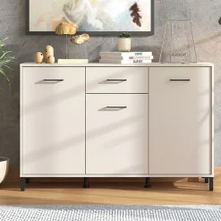 Credenza Bianco Crema Nero un Cassetto 3 Ripiani 138x40x90h cm, Apertura Battente e Scorrevole - Laerru