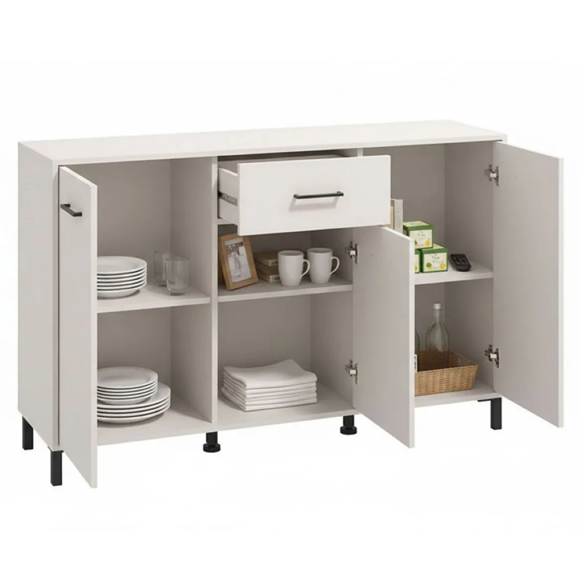 Credenza Bianco Crema Nero un Cassetto 3 Ripiani 138x40x90h cm, Apertura Battente e Scorrevole - Laerru