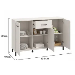 Credenza Bianco Crema Nero un Cassetto 3 Ripiani 138x40x90h cm, Apertura Battente e Scorrevole - Laerru