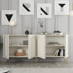 Credenza Bianco Crema oro 2 Ripiani 4 Vani 180x35x80h cm, 4 Ante - Torno