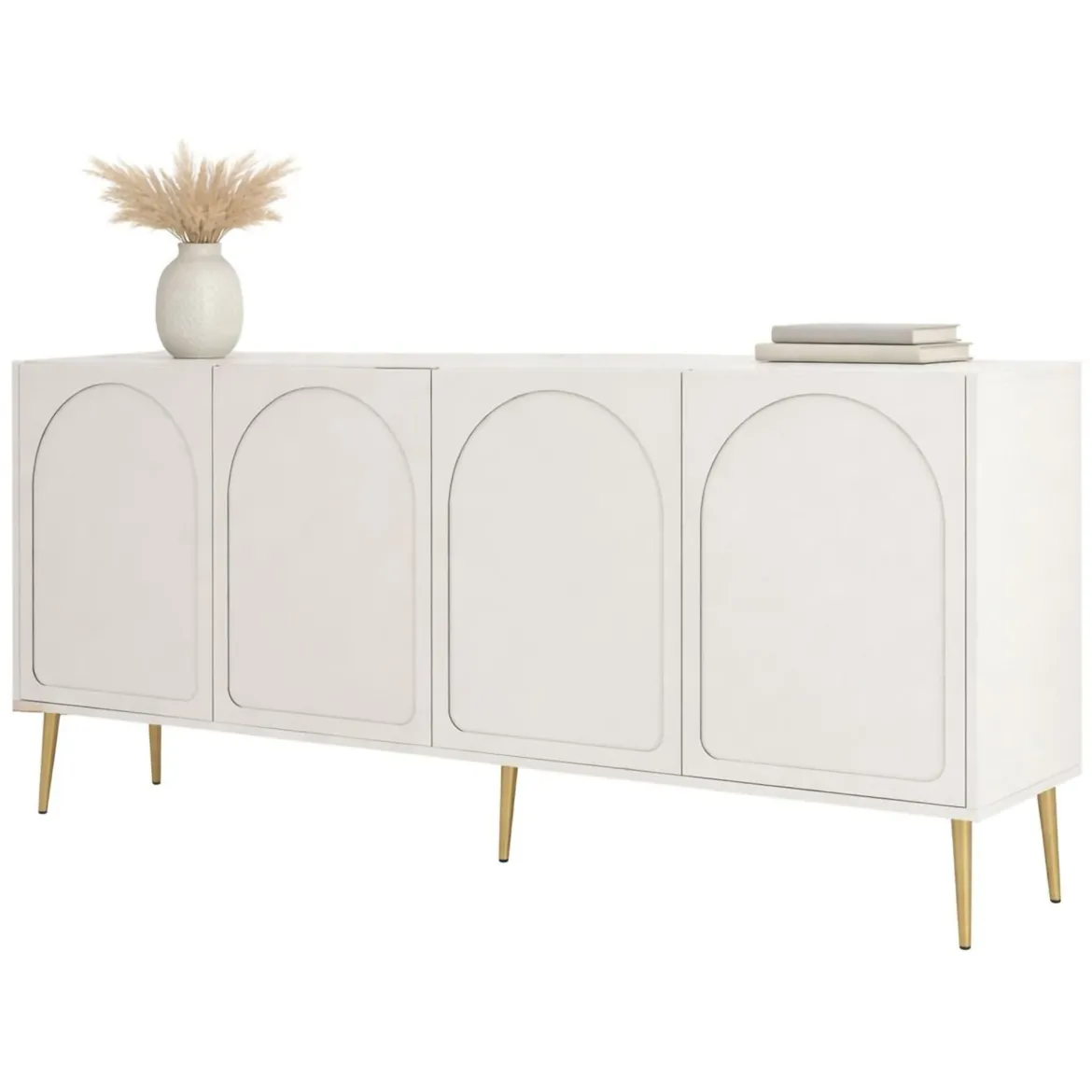Credenza Bianco Crema oro 2 Ripiani 4 Vani 180x35x80h cm, 4 Ante - Torno