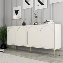Credenza Bianco Crema oro 2 Ripiani 4 Vani 180x35x80h cm, 4 Ante - Torno