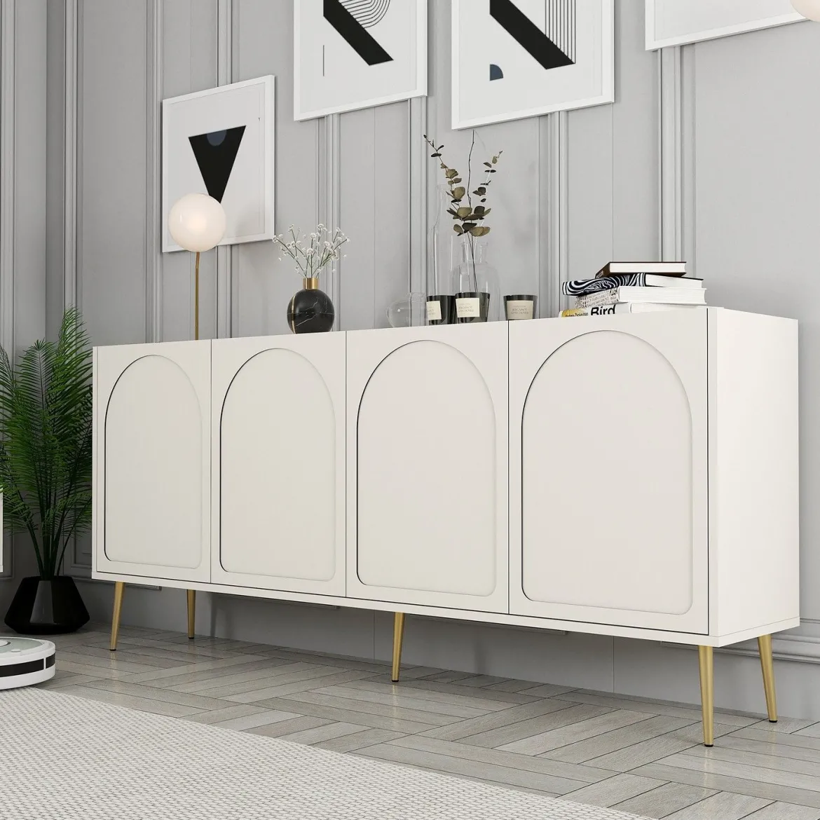 Credenza Bianco Crema oro 2 Ripiani 4 Vani 180x35x80h cm, 4 Ante - Torno