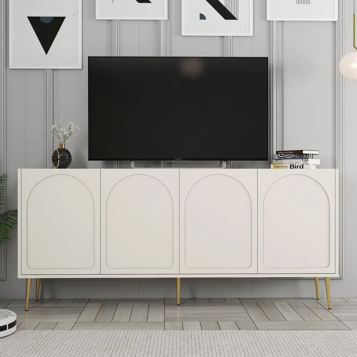 Credenza Bianco Crema oro 2 Ripiani 4 Vani 180x35x80h cm, 4 Ante - Torno