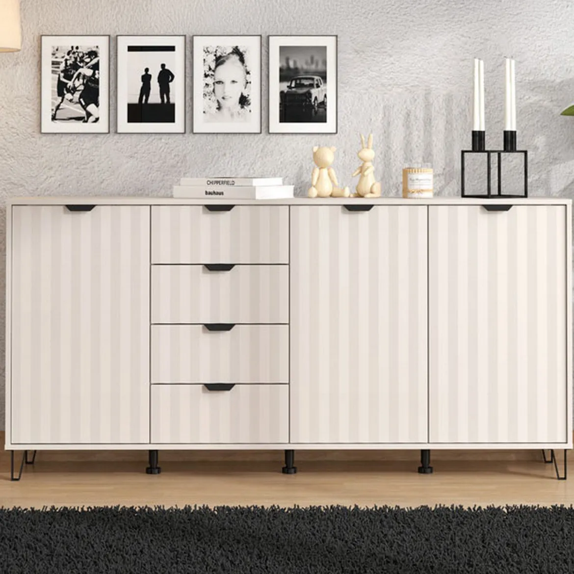 Credenza Bianco Crema 4 Ripiani con Piedini 110x40x78h cm, 8 Vani - Harero