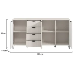 Credenza Bianco Crema 4 Ripiani con Piedini 110x40x78h cm, 8 Vani - Harero