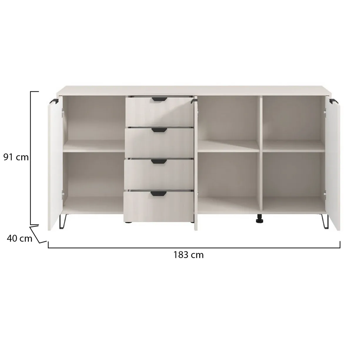 Credenza Bianco Crema 4 Ripiani con Piedini 110x40x78h cm, 8 Vani - Harero