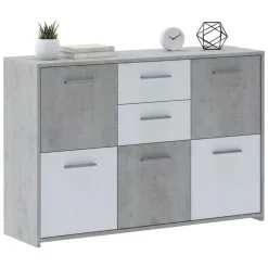 Credenza Bianco Grigio Cemento 2 Cassetti Ripiani 114x33x78h cm, Apertura - Pineto