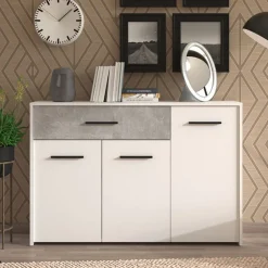 Credenza Bianco Grigio Cemento un Cassetto 2 Ripiani 119x33x80.5h cm, Apertura Battente e Scorrevole - Sanza