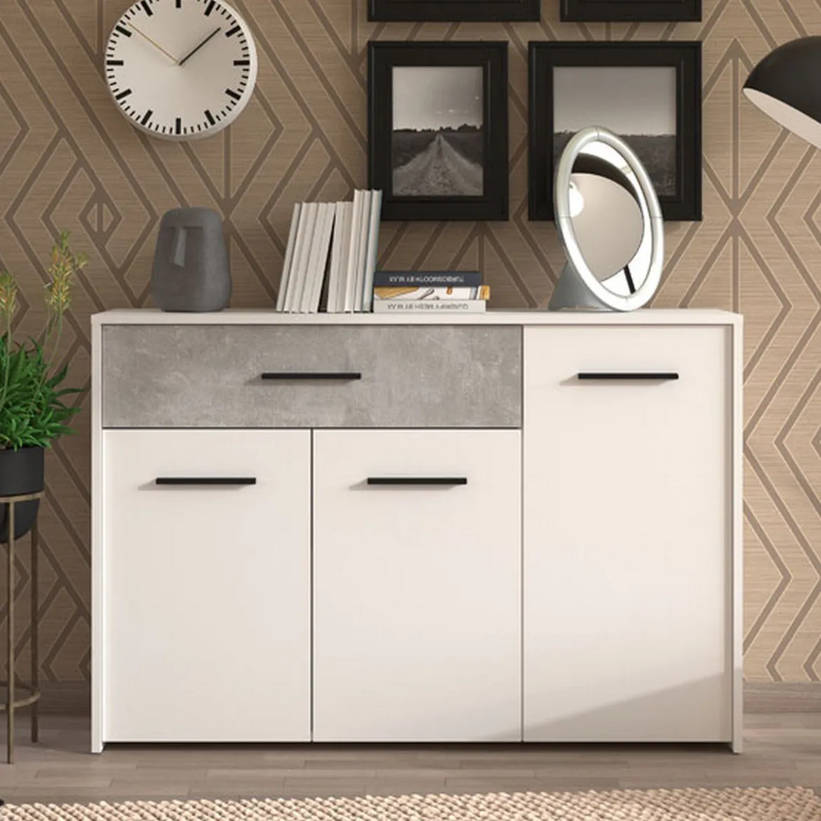 Credenza Bianco Grigio Cemento un Cassetto 2 Ripiani 119x33x80.5h cm, Apertura Battente e Scorrevole - Sanza