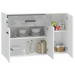 Credenza Bianco Grigio Cemento un Cassetto 2 Ripiani 119x33x80.5h cm, Apertura Battente e Scorrevole - Sanza