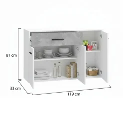 Credenza Bianco Grigio Cemento un Cassetto 2 Ripiani 119x33x80.5h cm, Apertura Battente e Scorrevole - Sanza