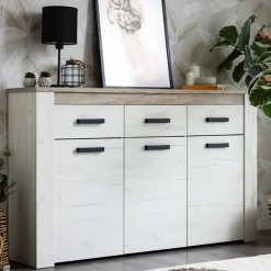 Credenza Bianco Larice Marrone Rovere 3 Ripiani 3 Cassetti 160x36.5x98h cm, 3 Ante - Scena