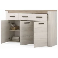 Credenza Bianco Larice Marrone Rovere 3 Ripiani 3 Cassetti 160x36.5x98h cm, 3 Ante - Scena