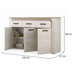 Credenza Bianco Larice Marrone Rovere 3 Ripiani 3 Cassetti 160x36.5x98h cm, 3 Ante - Scena