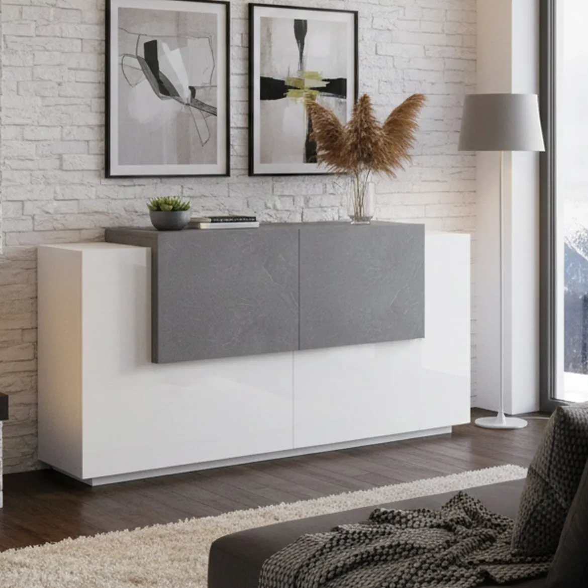 Credenza bianco lucida,cemento 184x42x86h cm 2 ante e 2 cassetti - Antina