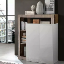 Credenza bianco lucida e acacia 108x42x127h cm 2 ante - Smeraldo