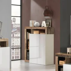 Credenza bianco lucida e acacia 108x42x127h cm 2 ante - Smeraldo