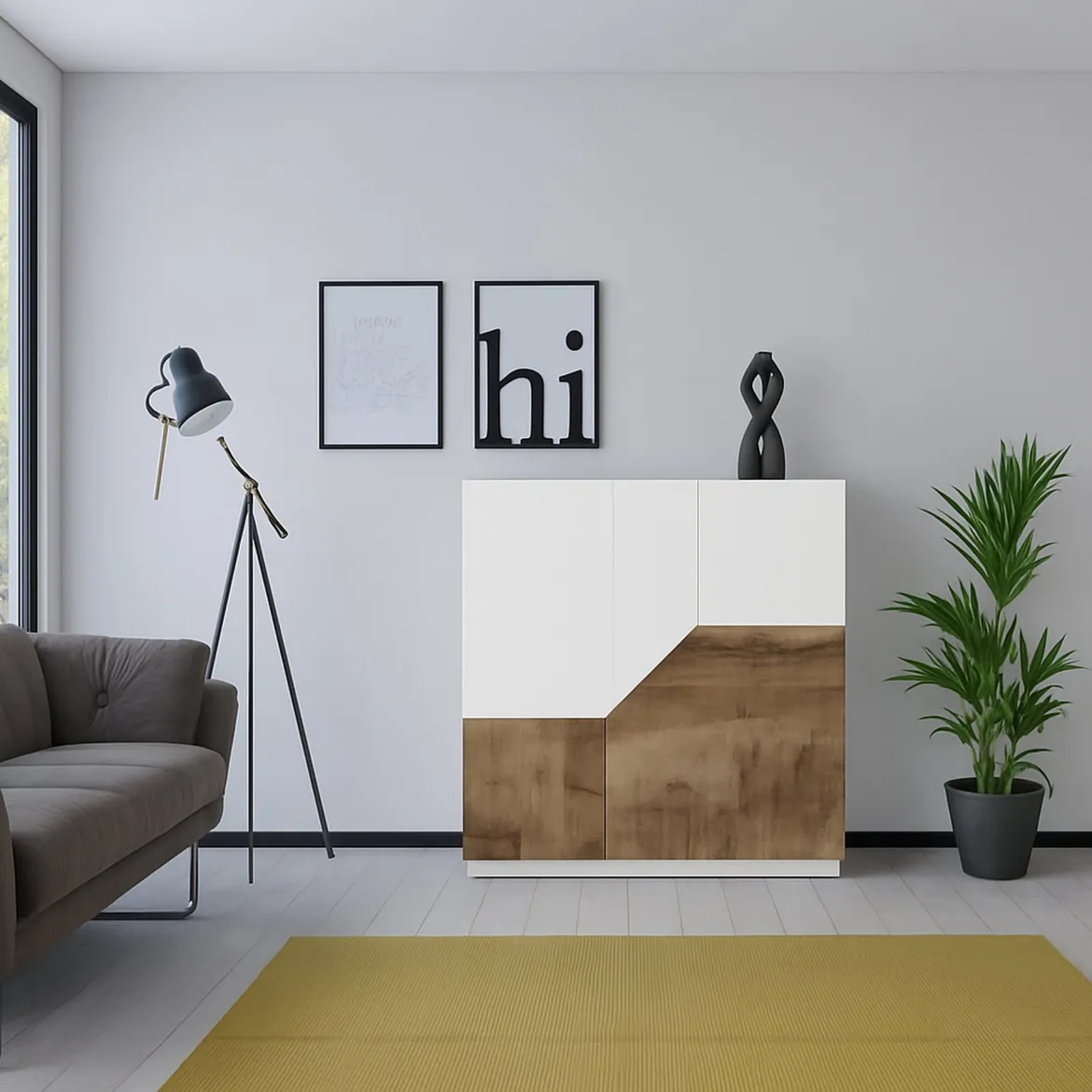 Credenza bianco lucida e acero 120x40x80h cm 2 ante e 3 cassetti - Jessie