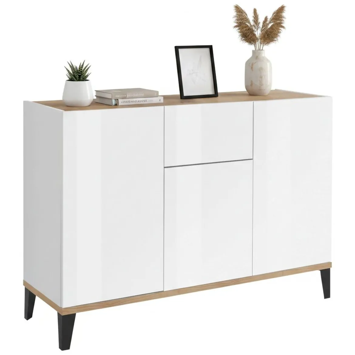 Credenza bianco lucida e acero 120x40x82h cm 3 ante e 1 cassetto - Albatross