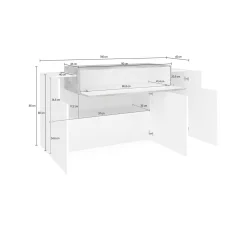 Credenza bianco lucida e acero 141x43x86h cm 2 ante e 3 cassetti - All